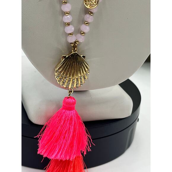 Lilly Pulitzer Gold Pave Shell Pink Beaded Vibrant Bright Tassel Long Necklace - Picture 5 of 10